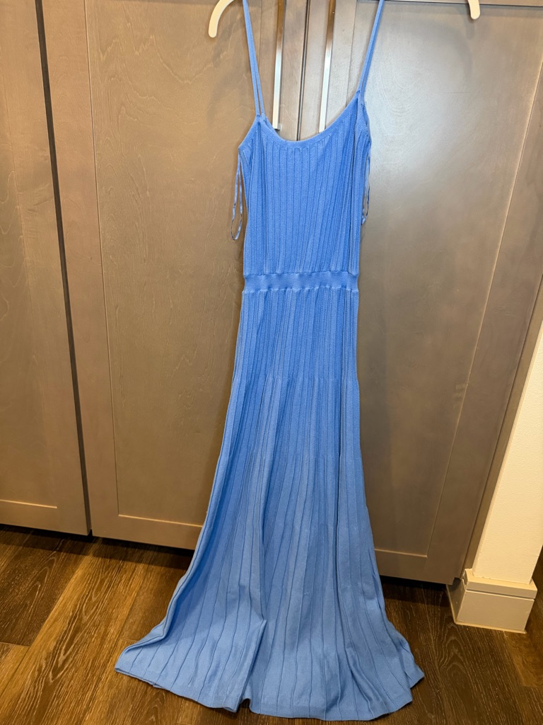 Women's Blue Ribbed Maxi Dress - Sleek Spaghetti Strap Style
